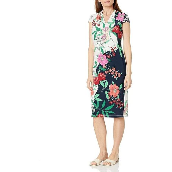 London Times Women's Floral Print Midi Sheath Dress, Blue/Multicolor Size 14 - Picture 1 of 2